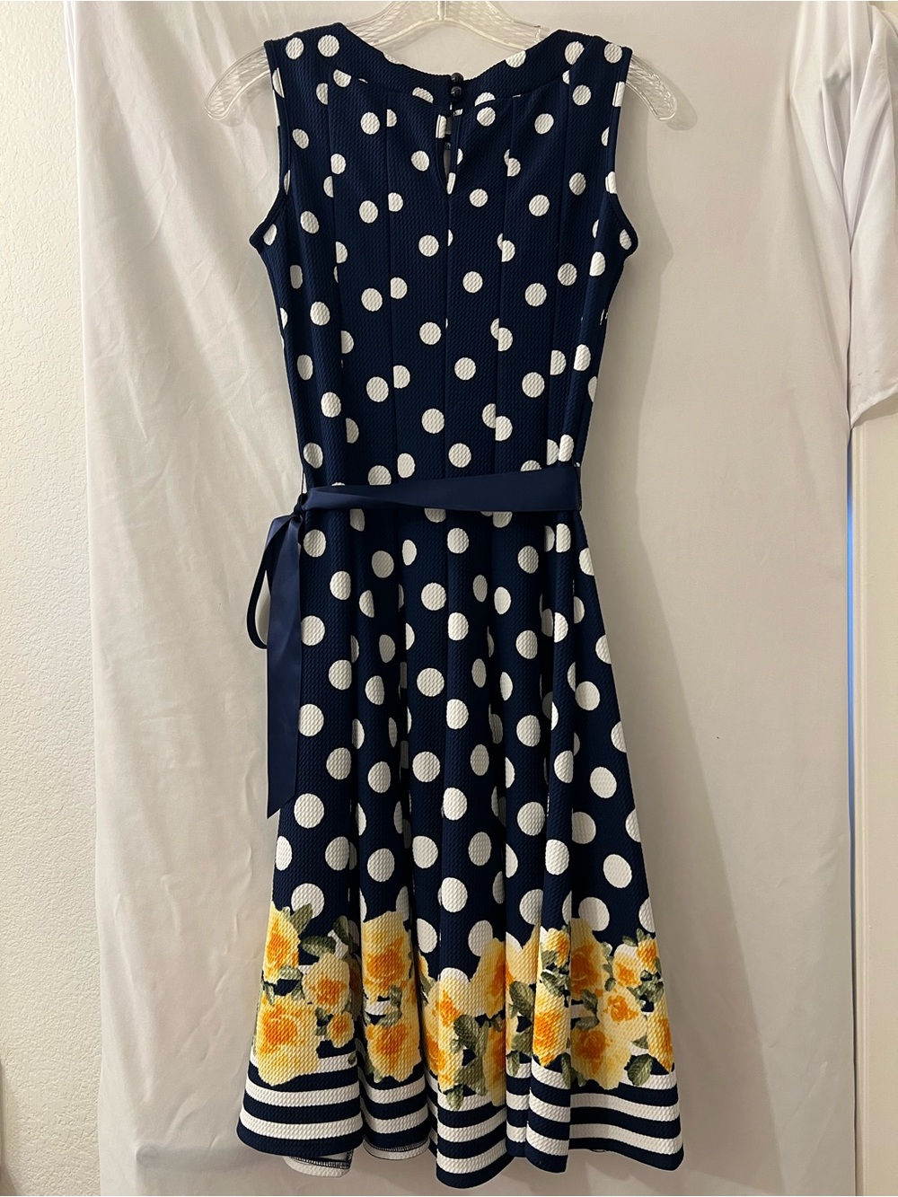 Haani Navy and White Polka Dot Dress with Yellow Floral Border
